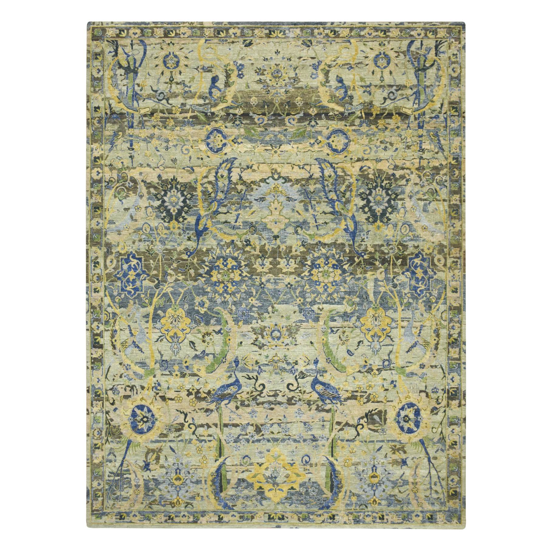 9'x12'3" Shades of Green, Broken and Erased Persian Inspired with Birds Design, Distinct Abrash, Shaved Low, Hand Knotted, 100% Wool, Oriental Rug 